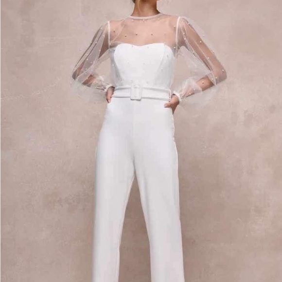 White Mesh Pearl Jumpsuit - Picture 4 of 16